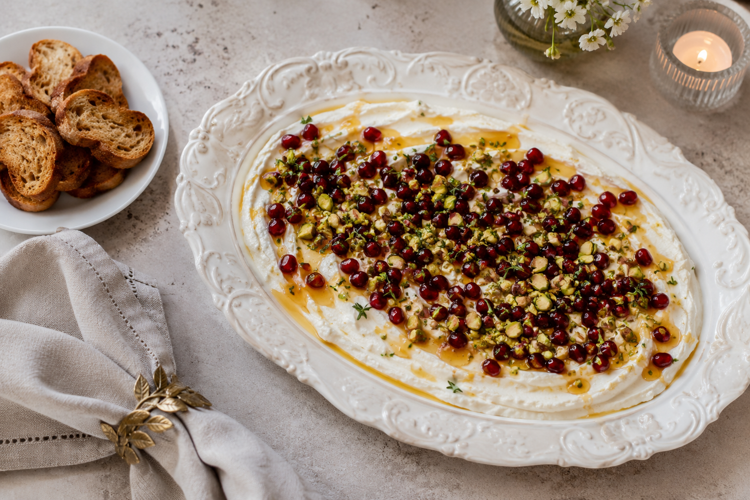 Whipped Feta with Pomegranate, Pistachios & Hot Honey