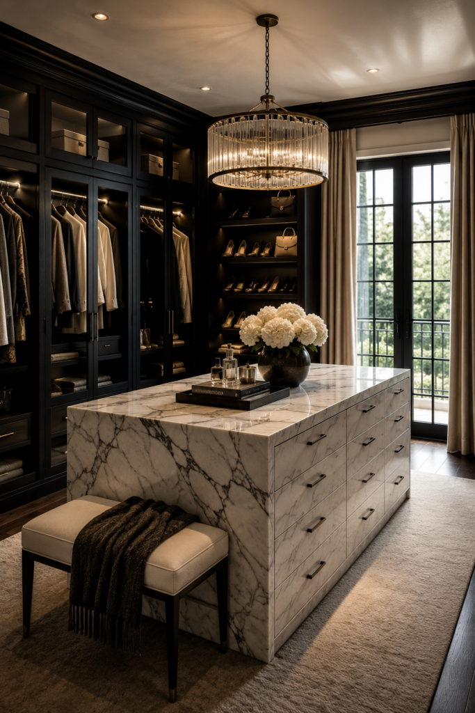 Luxury custom walk-in closet with marble island, elegant lighting, custom cabinetry, and boutique-inspired organization.
